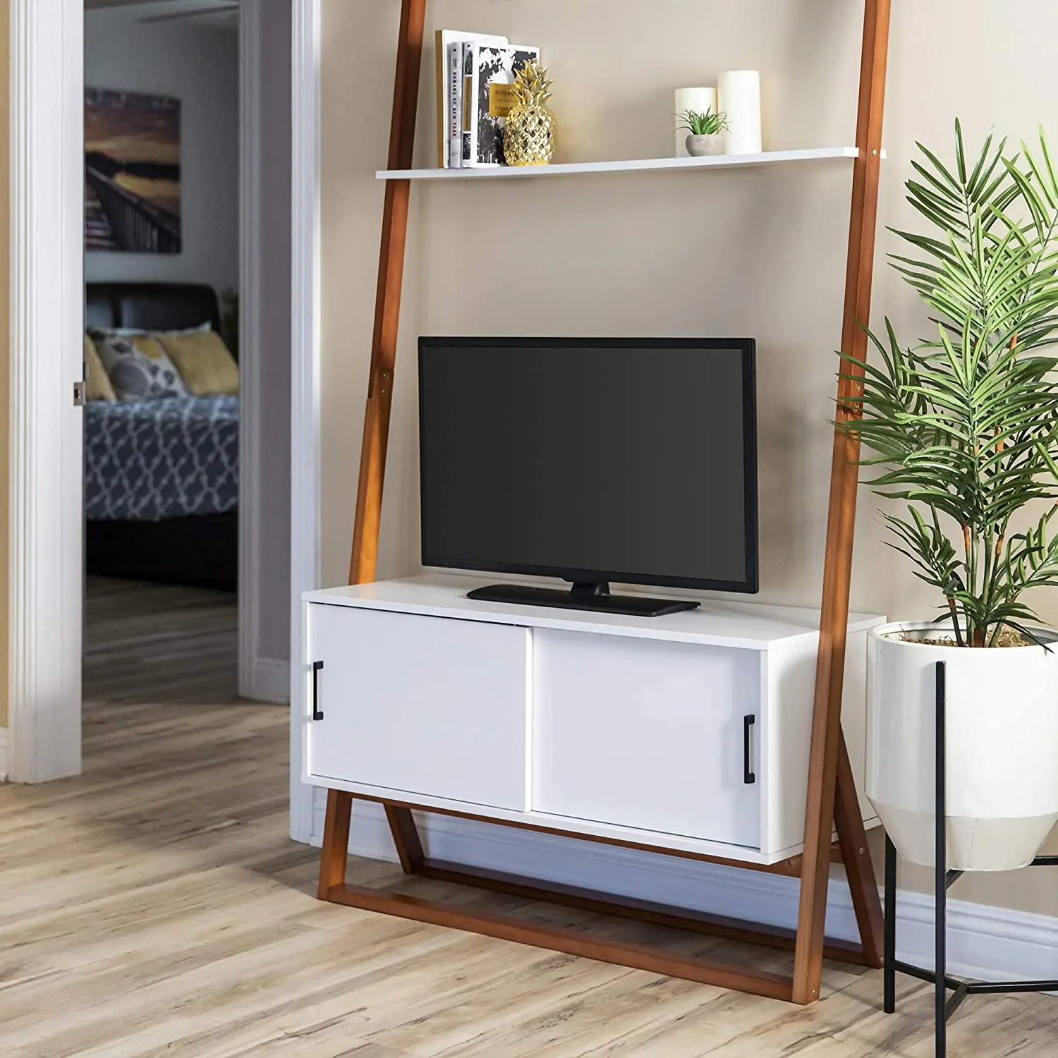 
Combohome Wooden Modern Ladder Shelf TV Stand Entertainment Center Console Sliding Door Storage Cabinet 