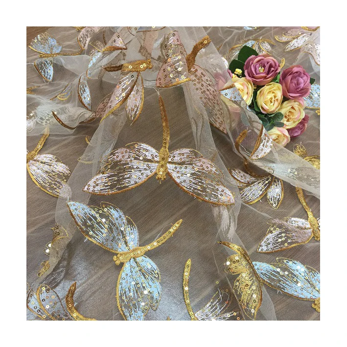 HG 1030 2021 3D colorful butterfly lace fabric sequins holographic mesh high quality sequin fabric