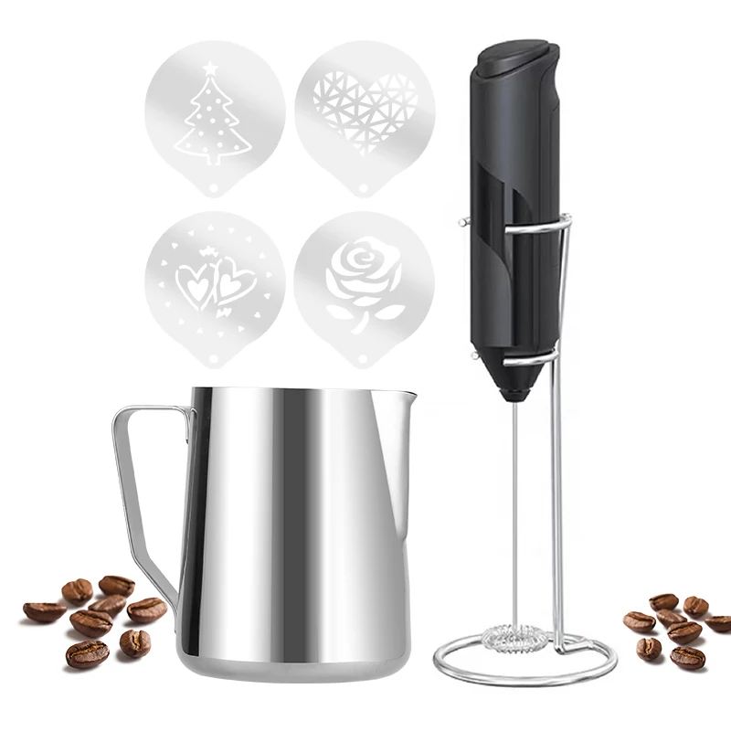 Stencils & Frothing Pitcher Mixer Drink Latte/Cappuccino Coffee Milk Foaming Handheld Battery Operated Milk Frother