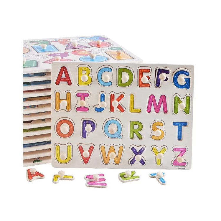 Baby Hand Grasp Peg Game Early Educational Wooden Alphabets Letters Puzzle Toy For Children