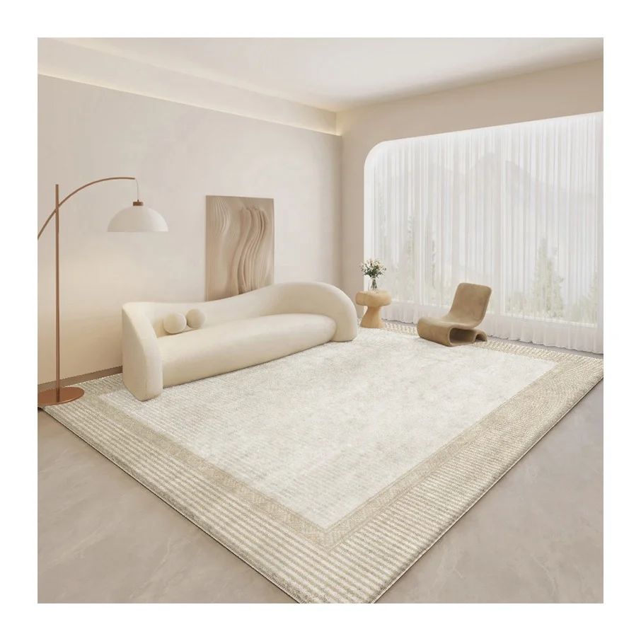 Pet Friendly Chinese Ancient Style Faux Cashmere Modern Carpet for Living Room Beige and White Rug