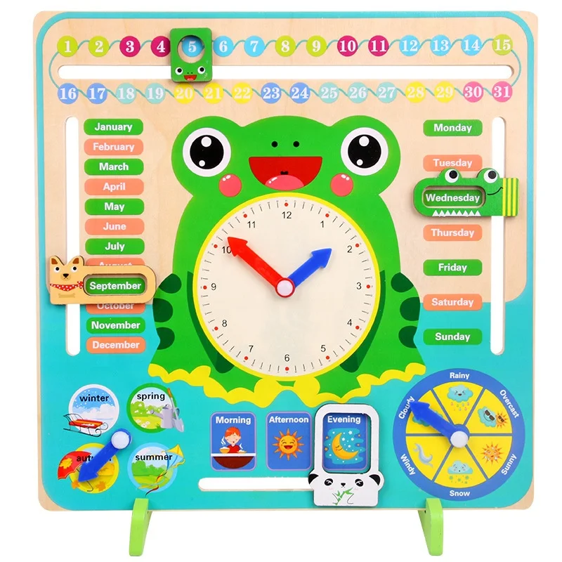 Wholesale Wooden Frog Multifunctional Time Digital Clock Calendar Alarm Clock Cognitive early English Learning Enlightenment Toy
