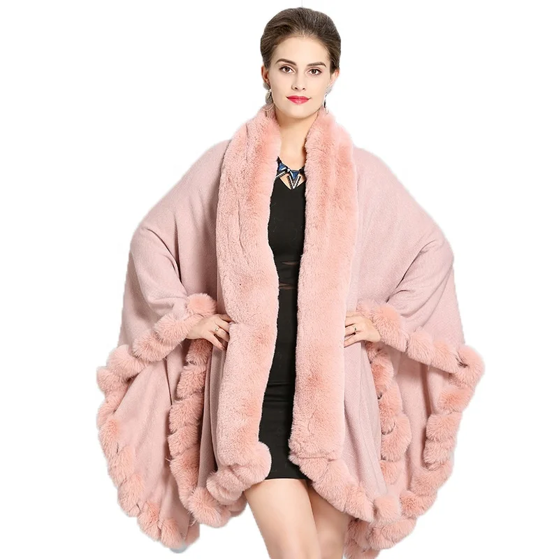 
2021 New Winter Large Size Imitation Fox Fur Collar Shawl Cloak Poncho Female Warm Women Coat Long Cape 
