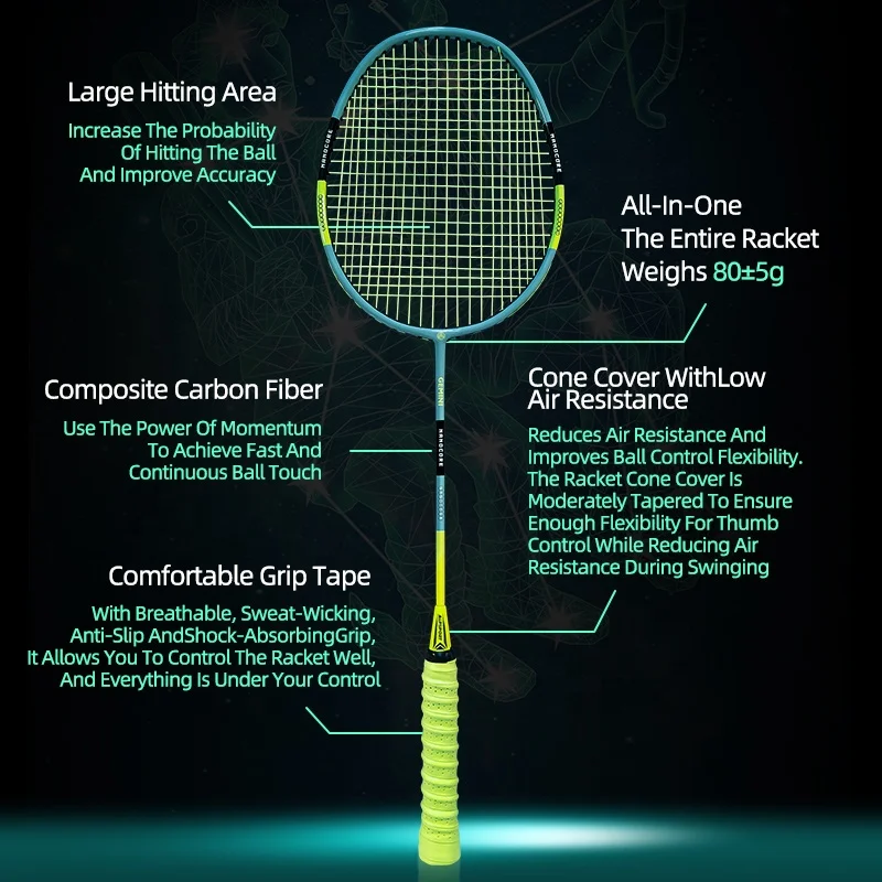 ALP Gemini Series Badminton Racket 4U G4 22-26lbs Carbon Fiber Lightweight&High Elastic Racquets for Outdoor Indoor Training