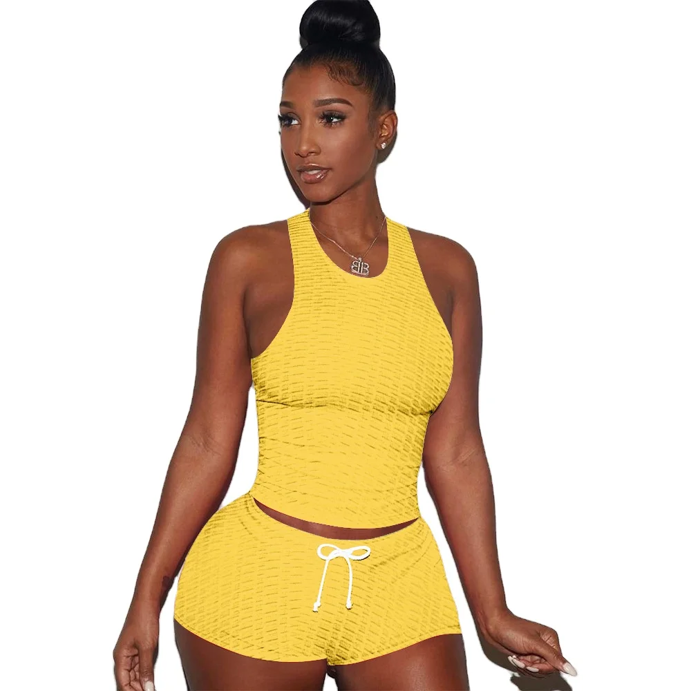 
New Arrival Solid Sleeveless Gym Jogger Shorts Woman Sportwear Set Summer Apparel Women 2 Piece Sets -PT 