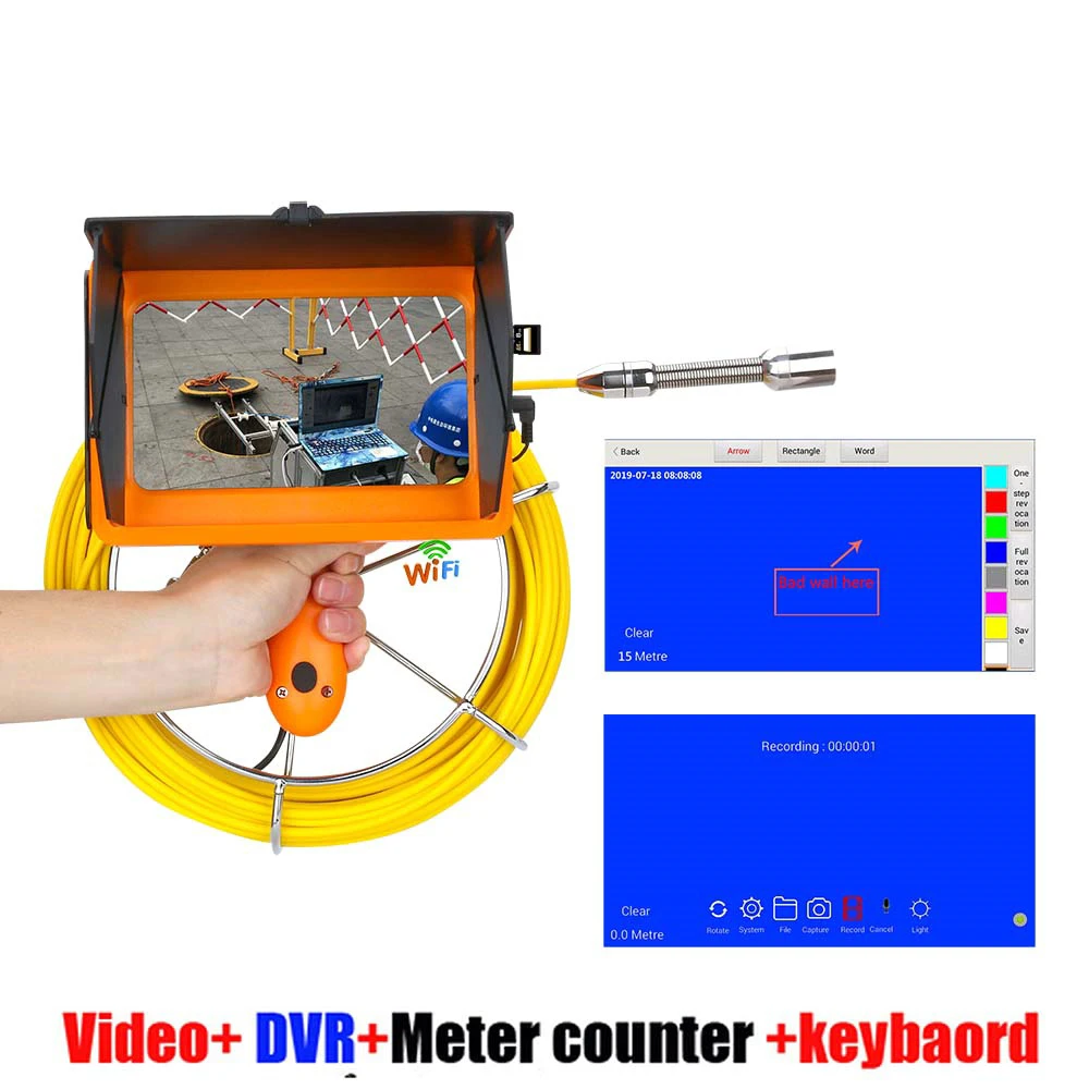 WIFI wireless 7inch Touch screen Industrial Pipe Sewer Inspection Video HD 1080P Camera with Meter Counter DVR Photo Editing 50M