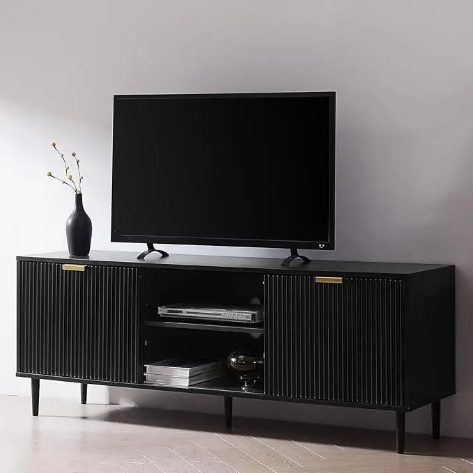 Black Modern TV Consoles Fluted Panel Media Console Entertainment TV Stand with Storage Cabinets