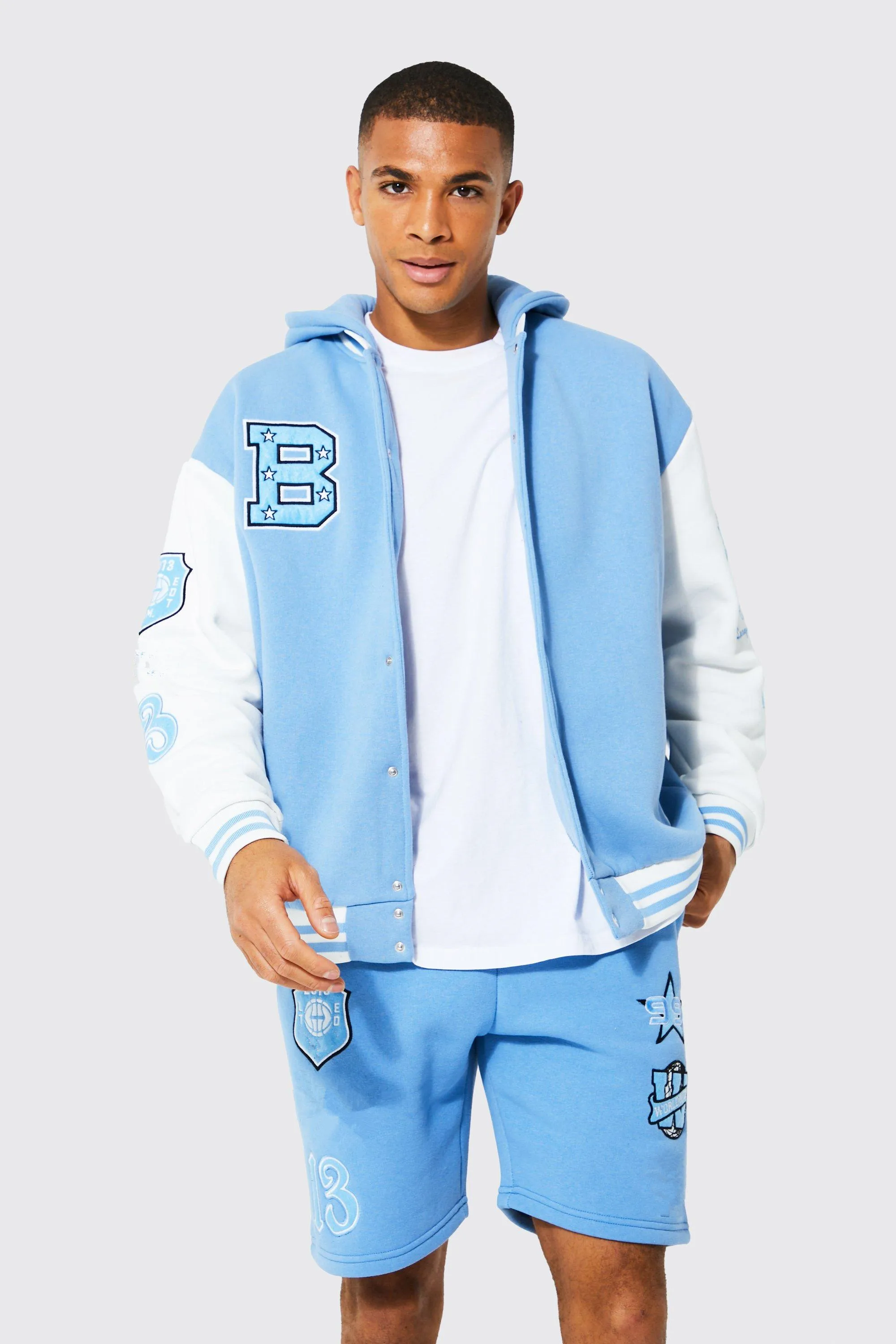 KY Long Sleeve Snap Buttons Embroidery APPLIQUE HOODED Mens Varsity Jacket Set for Men Shorts