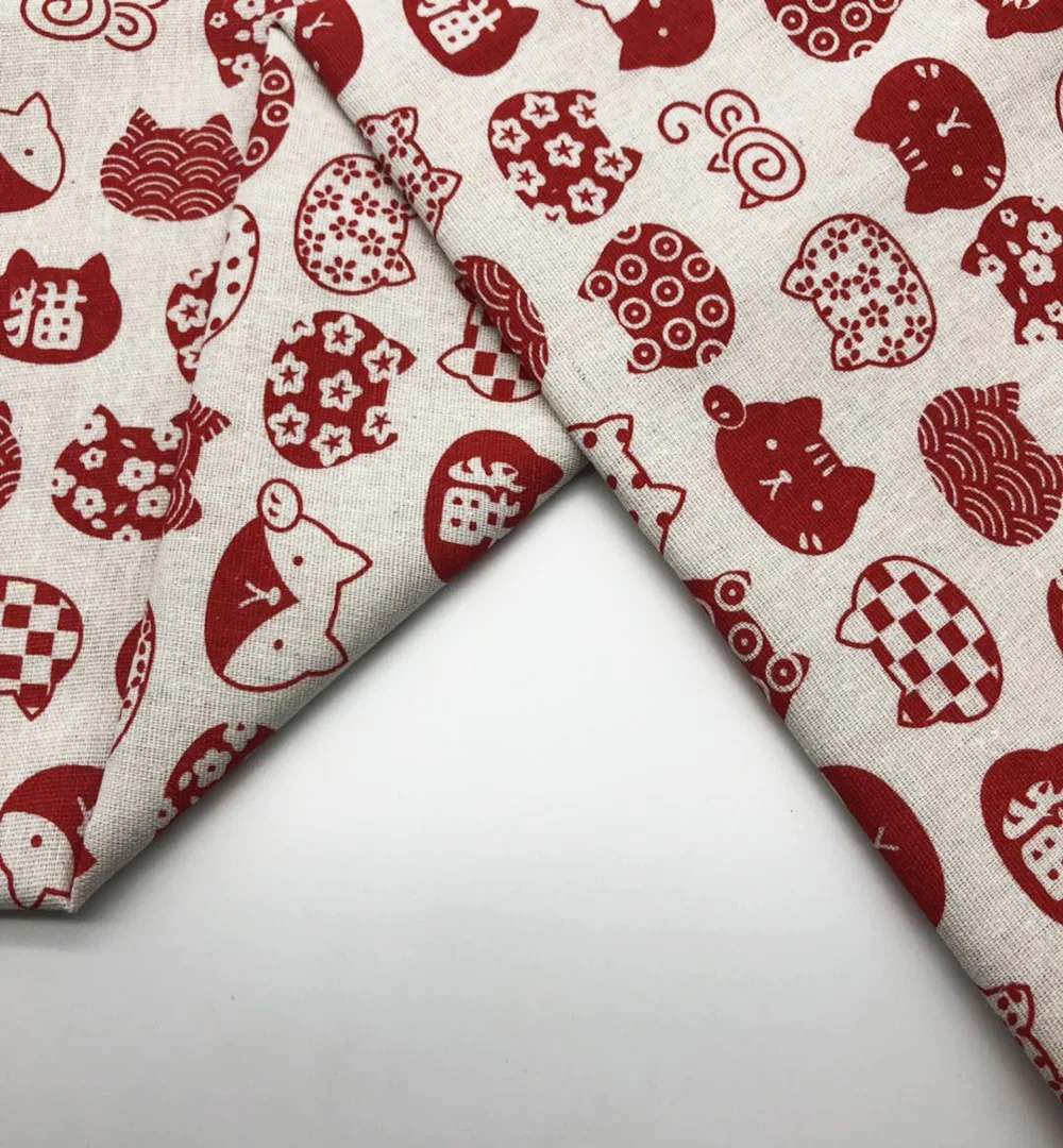 
Spot wholesale 100% linen cotton printed calico red cat printed curtain, sofa, pillow fabric American market 