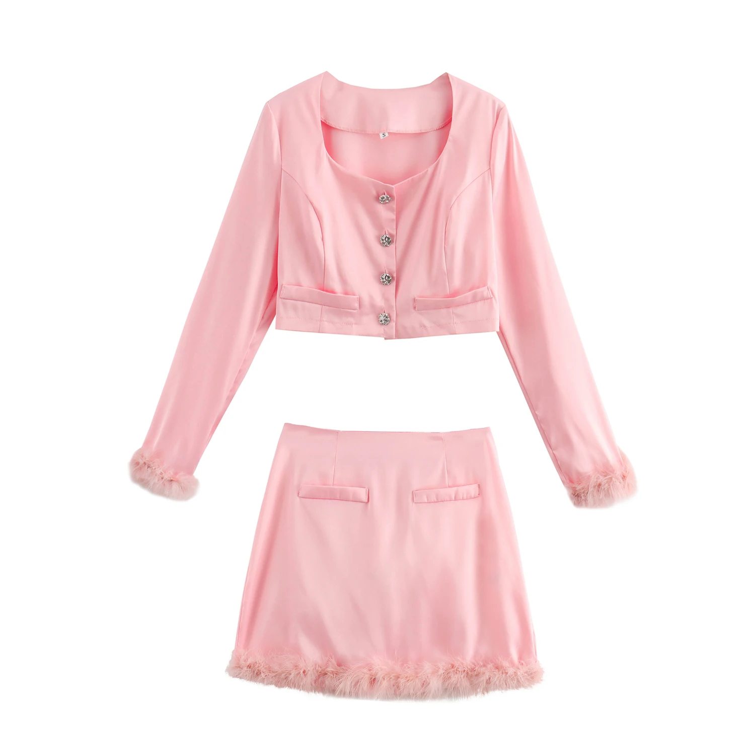 Square collar single breasted long sleeve blouse pink color skirt women casual 2 piece set