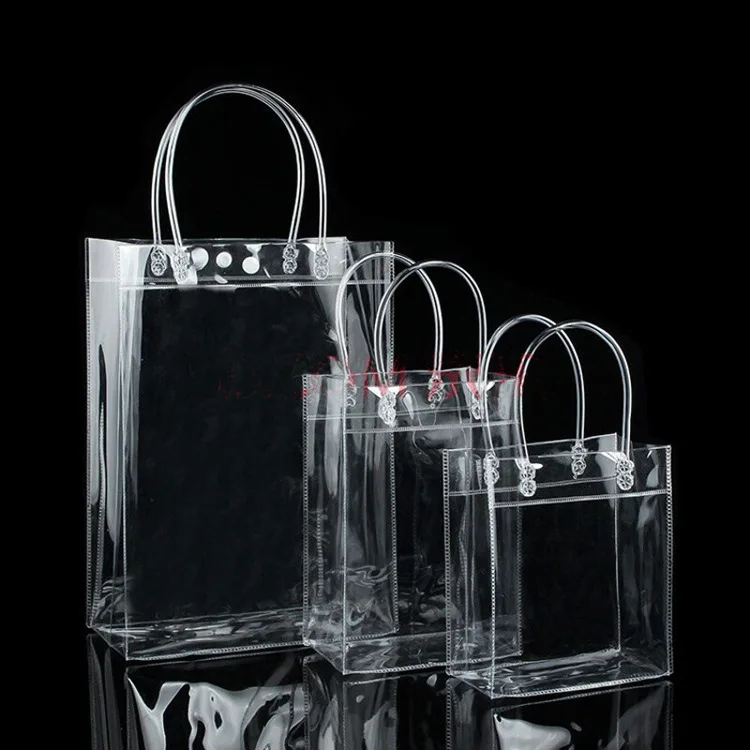 PVC Transparent Button Handbag Plastic Carry Bag Storage Gift Cloth Waterproof Shopping Bag