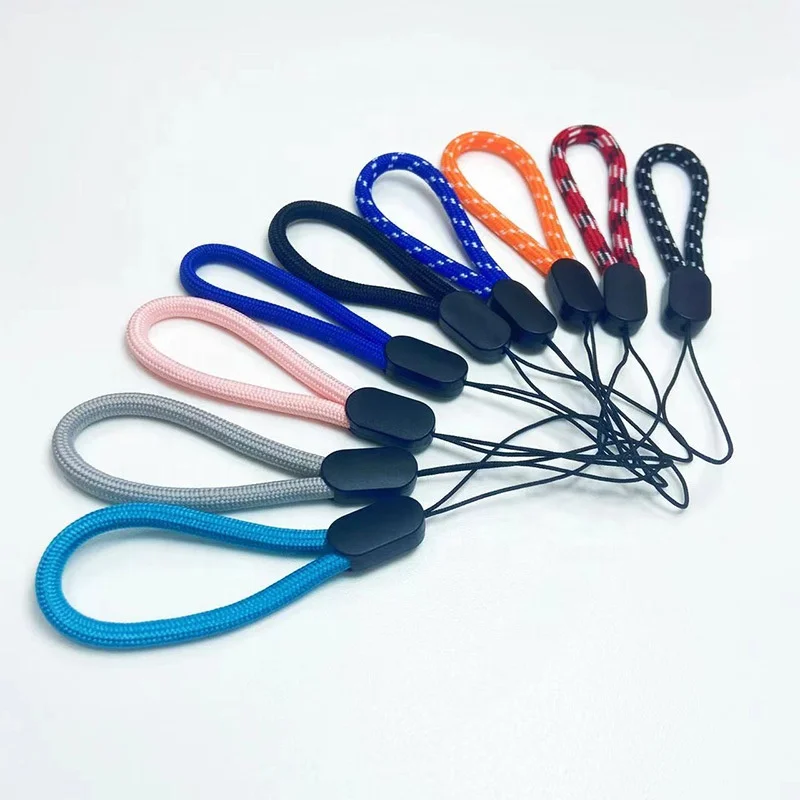 Custom design polyester promotional woven short wrist phone finger strap lanyards for usb flash drive keychain