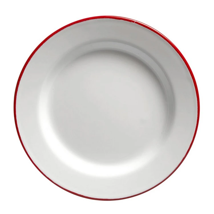 30cm dinnerware big round custom logo white color fruit serving flat shape 12 inch enamel dinner platen with black rim