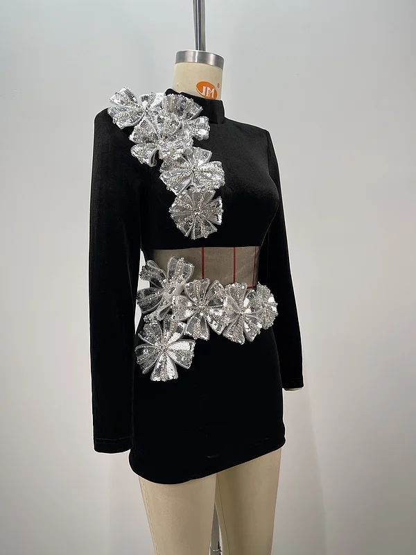 A9439 Fast Shipping Black Women Mini Party Dress Velvet Beaded Ladies Elegant Evening Dress