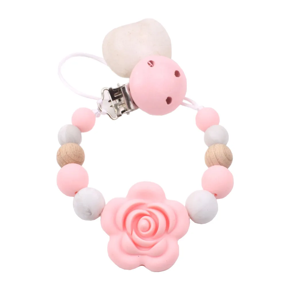 Горячая Распродажа, Прорезыватель для зубов, сенсорная аутизация, жевательные игрушки, розовые бусины, держатель для детской соски, деревянные зажимы, Силиконовые Цветочные соски, пустышки, цепи