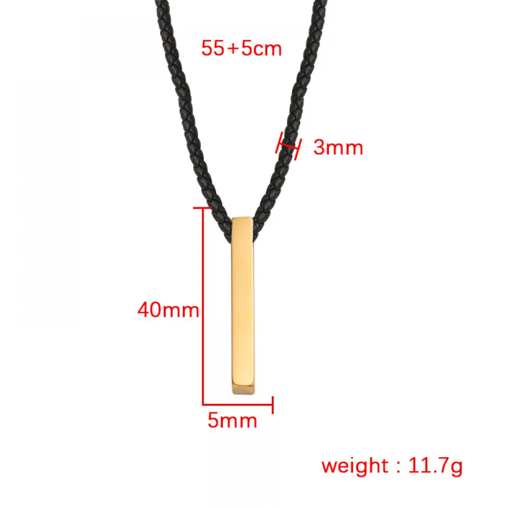 Custom Jewelry Colares Personalizados Braided Leather Chain Blank Engraved Stainless Steel 3D Vertical Bar Necklace