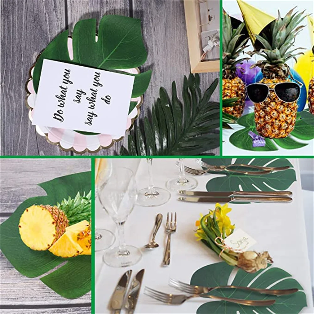 100PCS Artificial Tropical Palm Leaves plant Monstera Fake Large Green Leaf For Hawaiian Jungle Beach Birthday Party Table