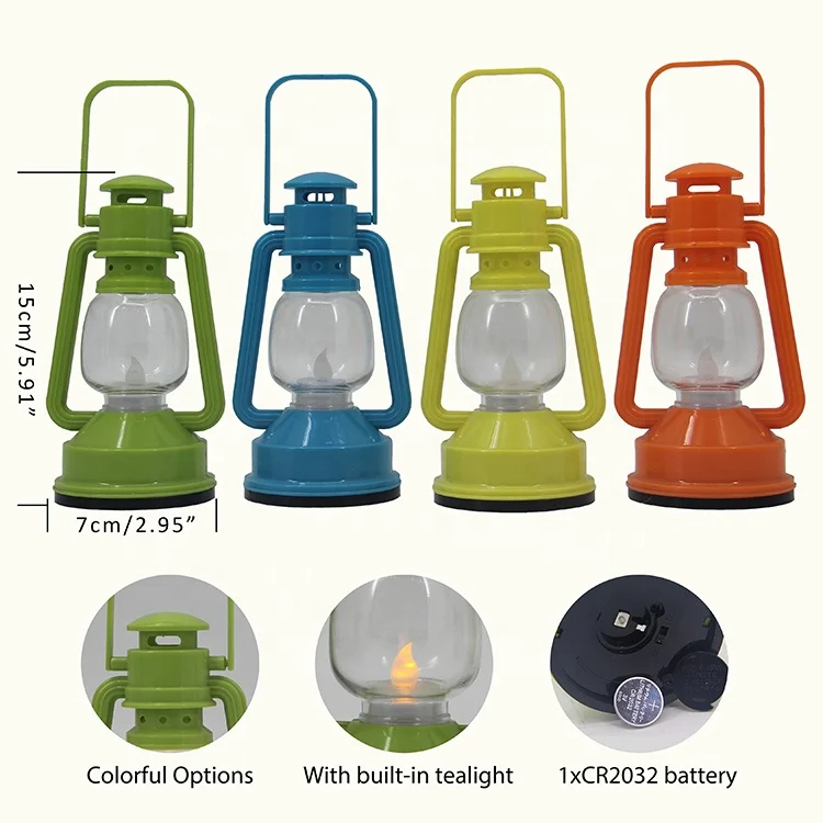 COLORFUL PLASTIC TINY HANGING OIL LANTERN, WITH LED TEA LIGHT INSIDE, BATTERY OPERATED