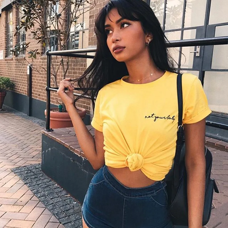 
Ladies bulk fashion logo embroidered yellow cotton t shirts for young women 