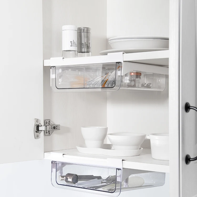 Vacane  Transparent Plastic Under Shelf Organizer Pull out Kitchen Rack Under Desk Drawer Hanging Storage Organizer