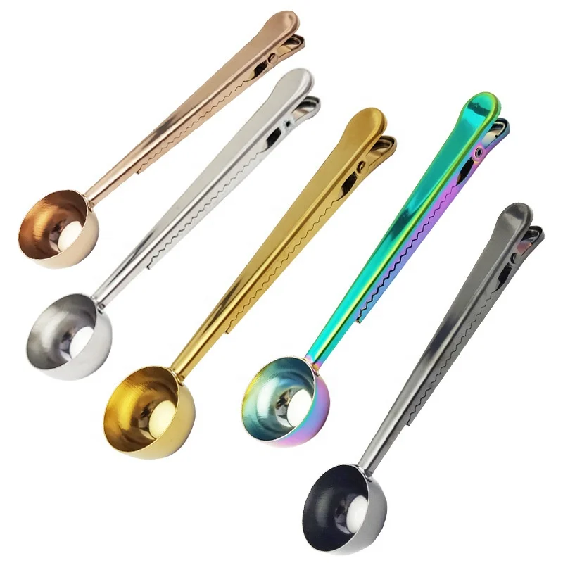 
Multi purpose rose gold colorful stainless steel measuring spoon with food bag seal clip 