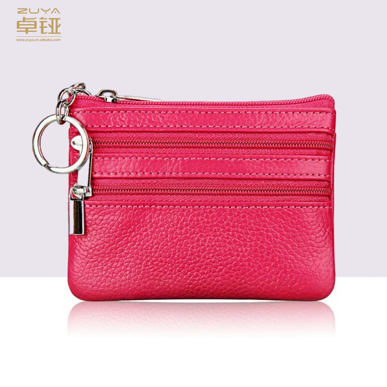 Personalized Mini Genuine Cow Leather Clutch Bag Zipper Coin Purse with Key Chain