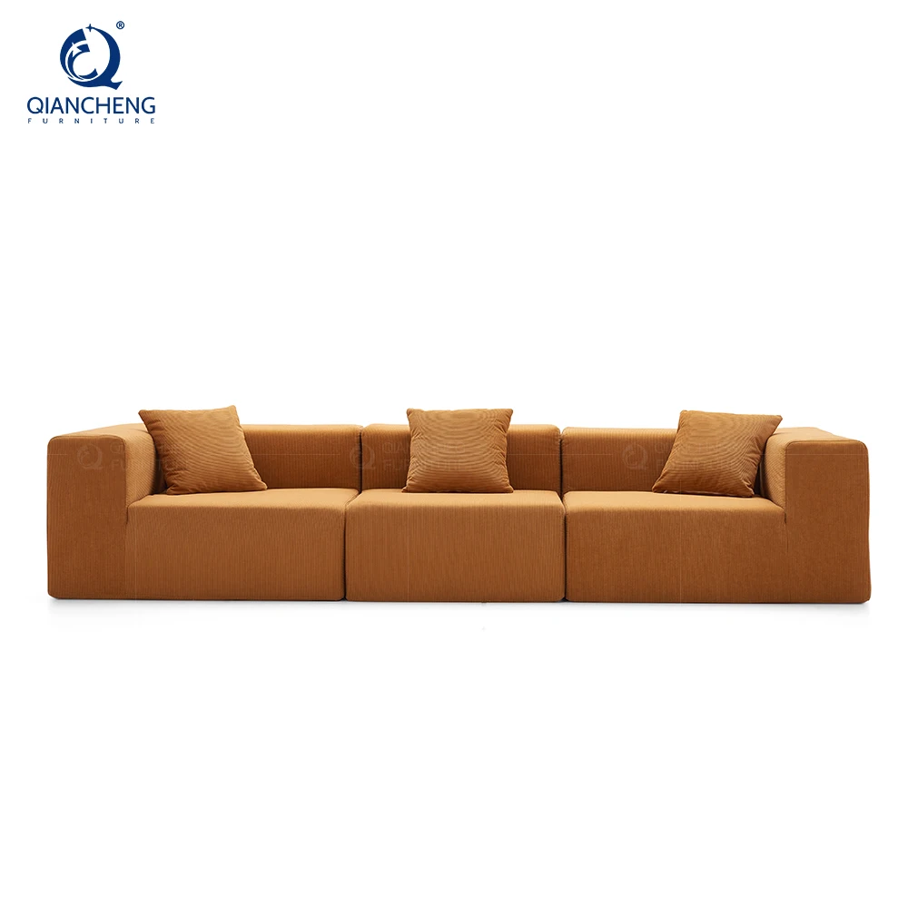 Modern Livingroom Vacuum Compressed Couch Foshan Factory Wholesale Tofu Block Orange Velvet Fabric Sofa Set Furniture