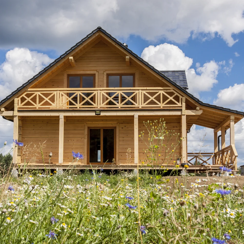 high quality longused life hot sell heavy steel structure wooden house  wood like grain prefab villa 3D design  resort hotel