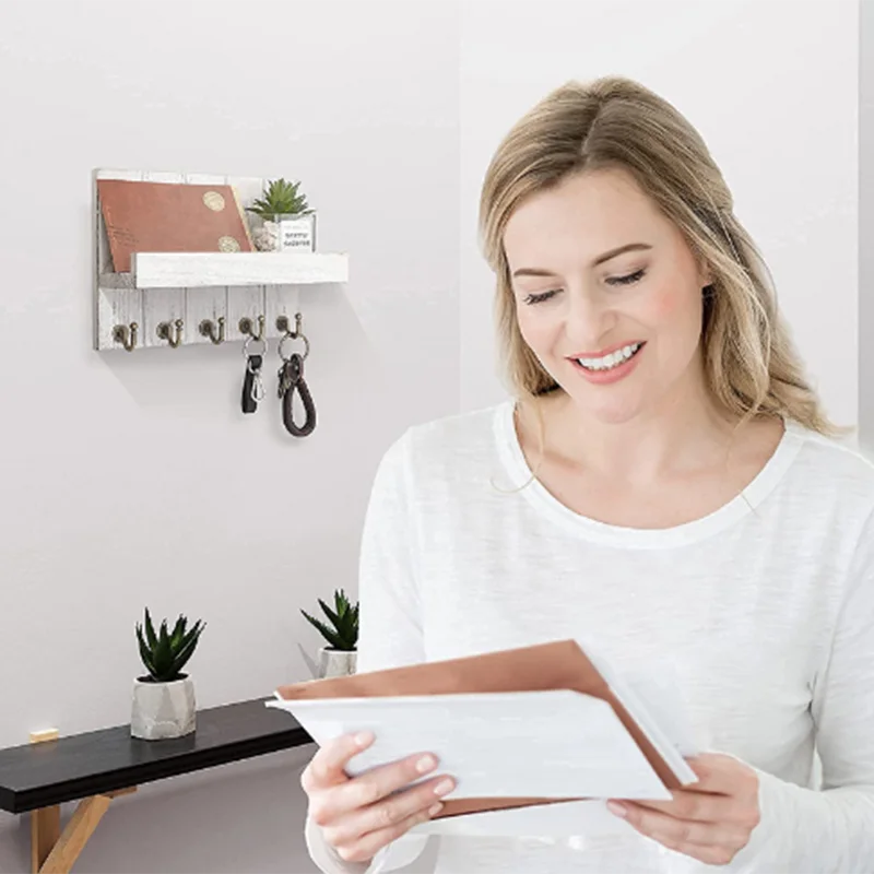 Wall-hung Type Wooden Decorative Wall Shelf Sundries Storage Box With 5 Hooks Hanger Organizer Key Rack Wood Floating Wall Shelf