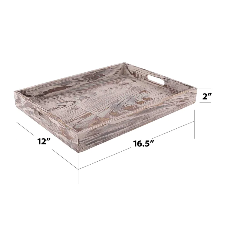 Vintage Farmhouse Decorative Kitchen Natural Wooden  Nesting Serving Tray Rectangle Breakfast Tray with Cut Out Handles
