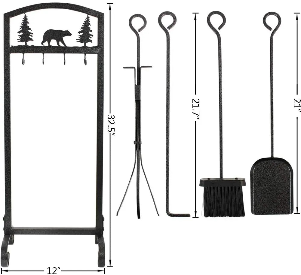 5 Pcs Hearth Fireplace Accessories Kit Fireplace Tools with Fireplace Brush,Shovel Fire Poker Firewood Tong