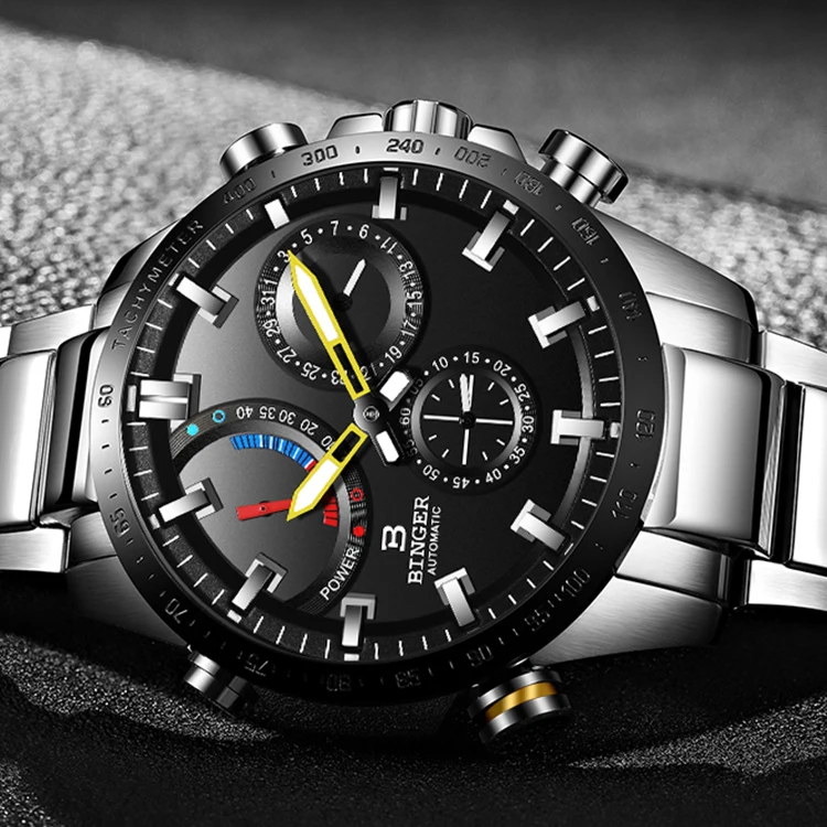 
BINGER Brand Men automatic mechanical Luminous waterproof running full steel Genuine Luxury Wristwatch 