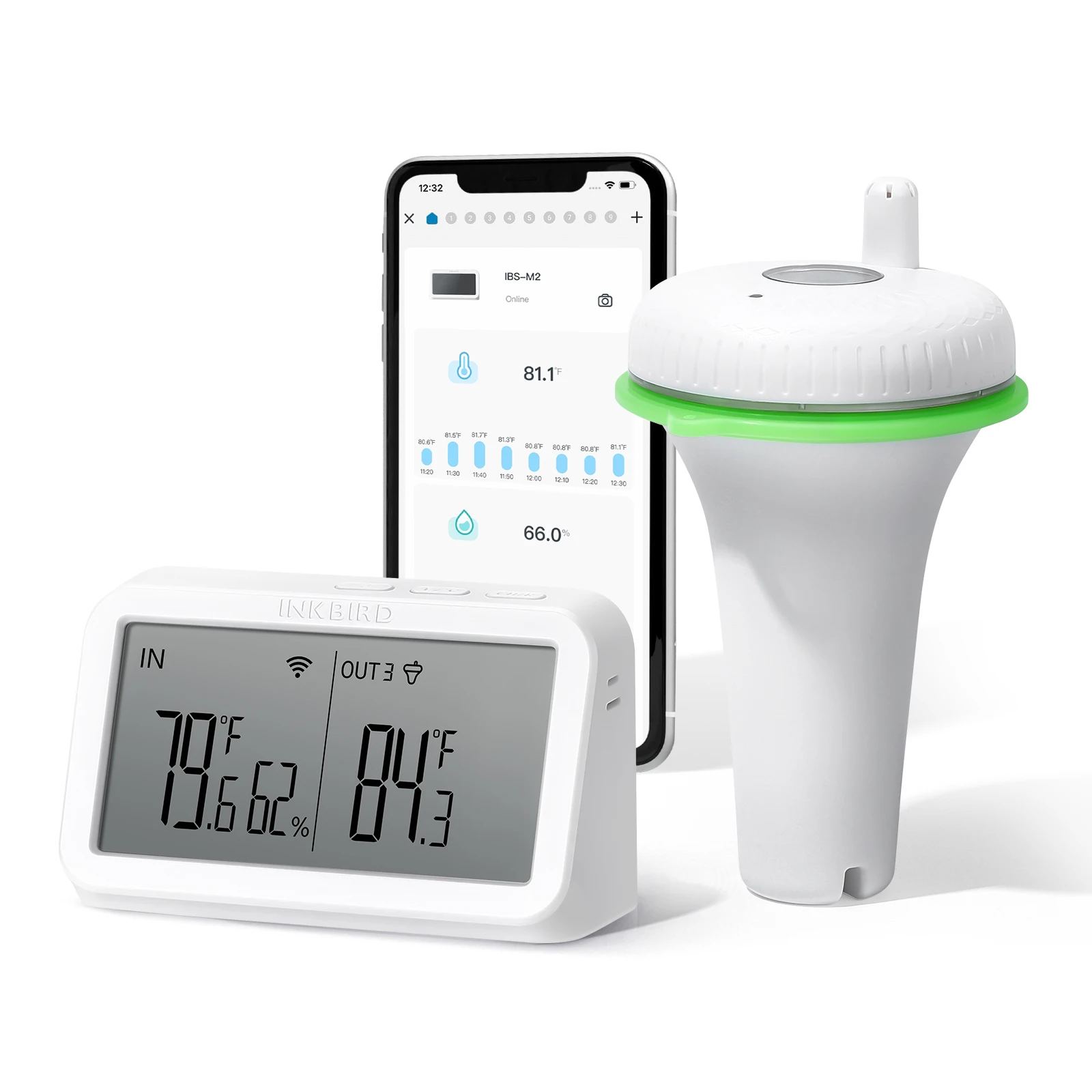INKBIRD 2nd-Gen Floating Pool Thermometer with IBS-M2 Wi-Fi Gateway Combo with Large Screen For Swimming Pools, Hot Tubs