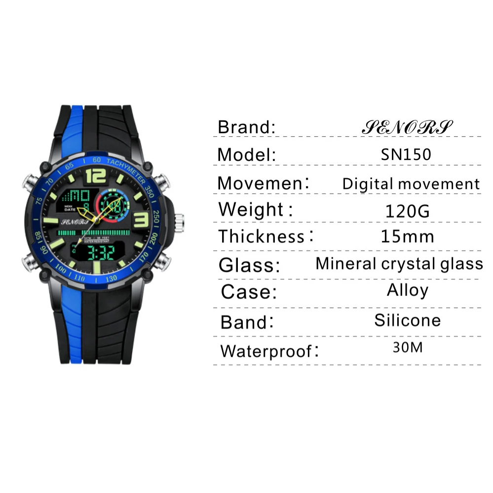 Наружные водонепроницаемые мужские часы с двойным дисплеем, спортивные мужские цифровые часы со светодиодной подсветкой