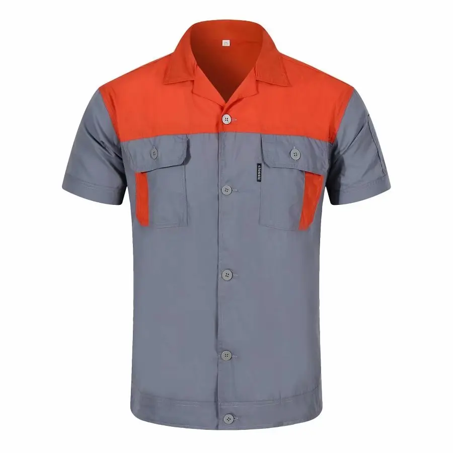 
Summer color matching short-sleeved custom logo thin section factory workshop car repair men and women labor insurance service 