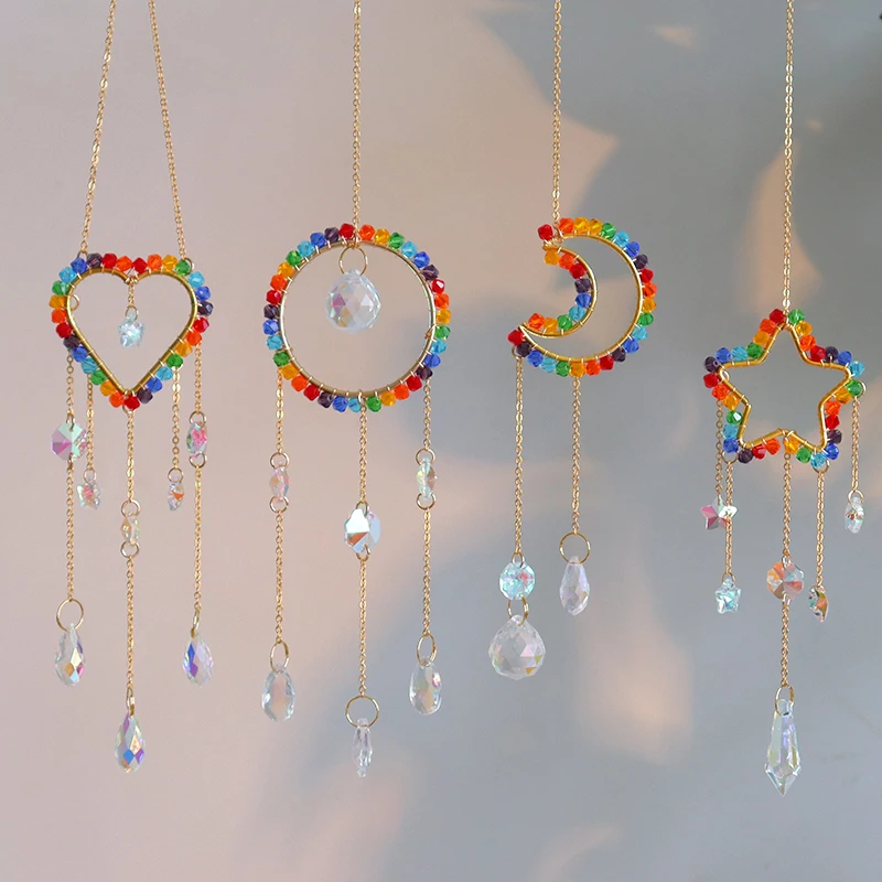Crystal wind chimes pentagonal heart Circles moon suncatchers home decoration seven chakras healing