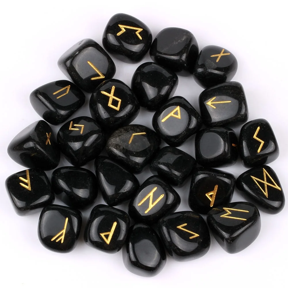 Natural Black Obsidian Stone Engraved Tumbled Stone Rune Set