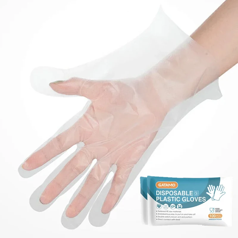 SP002 PE Plastic household daily food grade eating use oil proof food hand disposable folded transparent hdpe plastic pe gloves