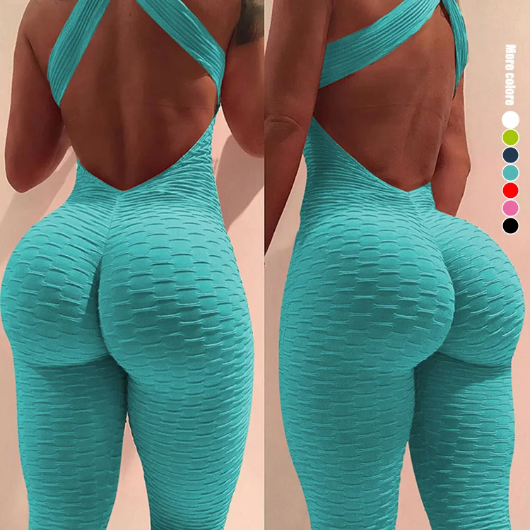 
Sport Fitness Black Jacquard Show Chest Bandage Backless Bodycon Jumpsuit Women 