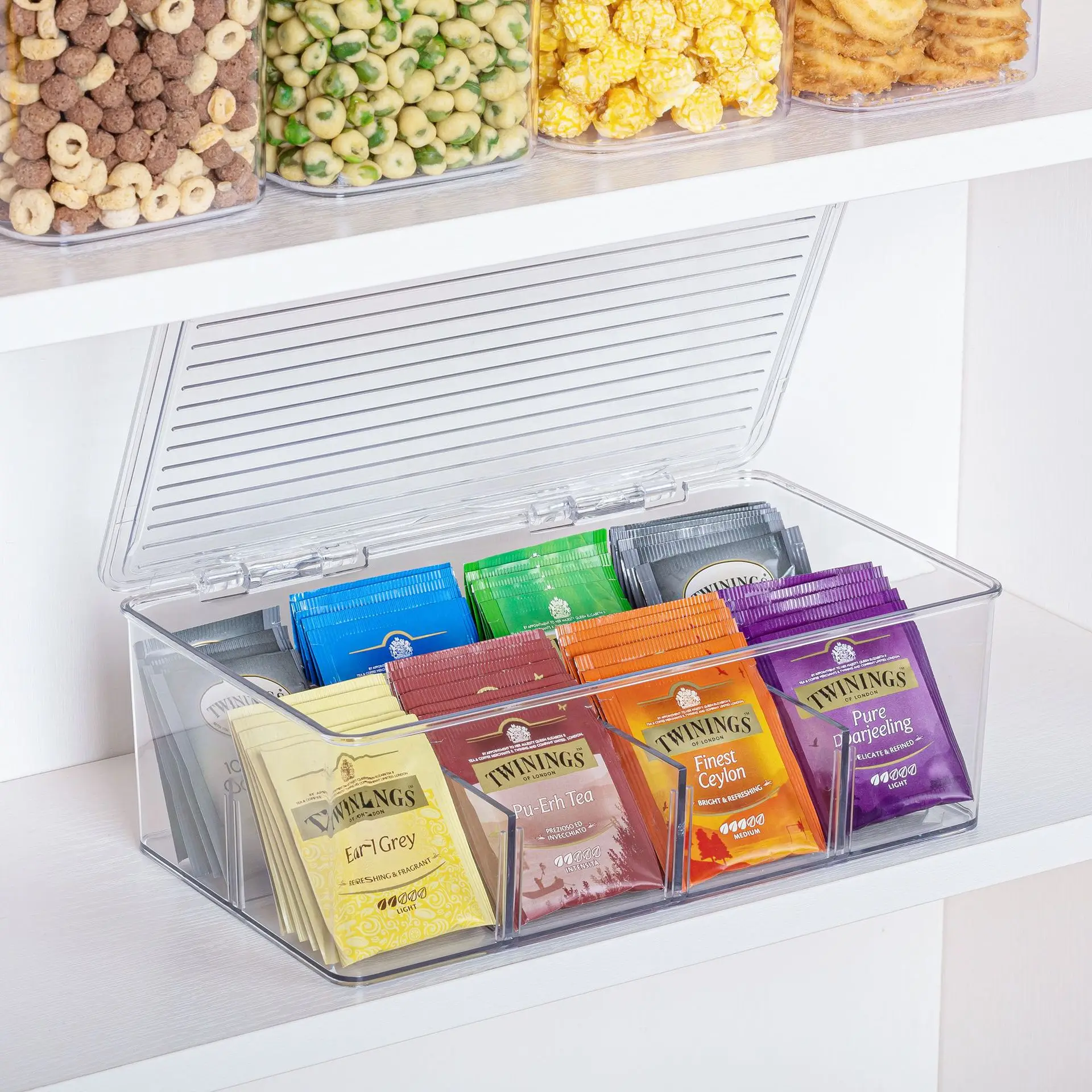 Plastic Tea Bag Divided Storage Organizer Container Box with Hinge Lid for Kitchen Cabinet Countertop Pantry Hold Coffee Pod