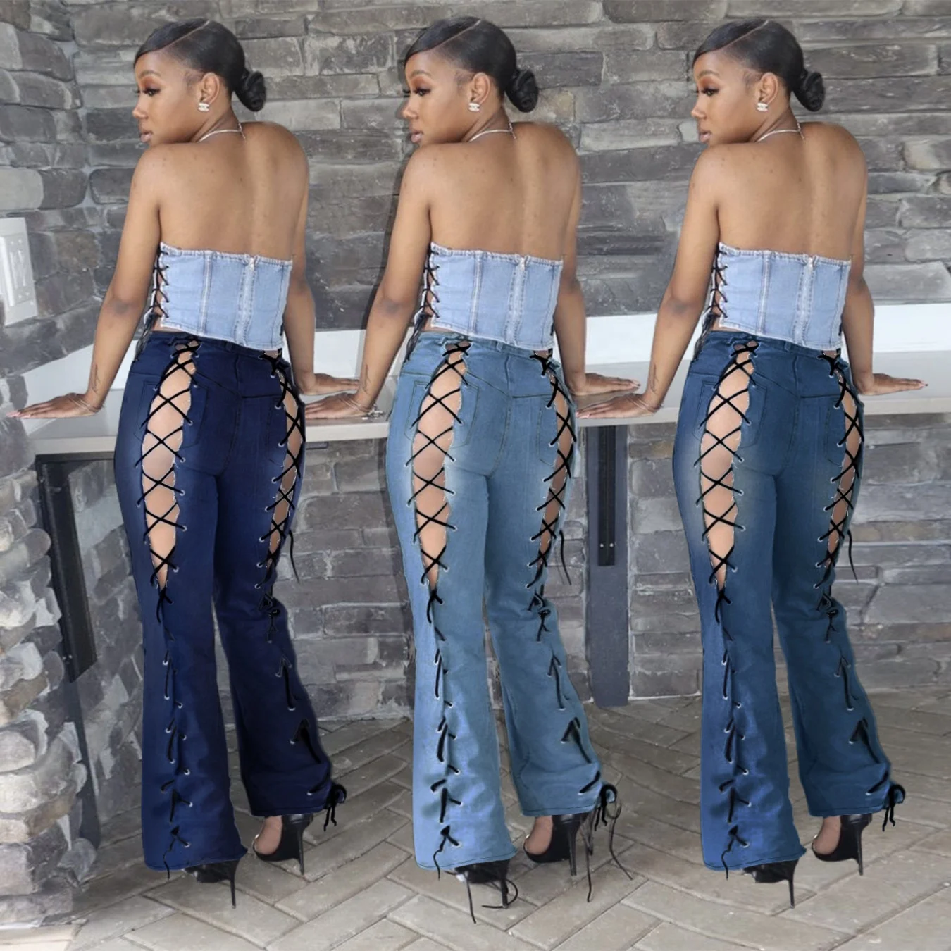 MT173-9343, оптовая продажа, женские облегающие Синие сексуальные джинсы, облегающие джинсовые брюки с ремешками, женская одежда больших размеров