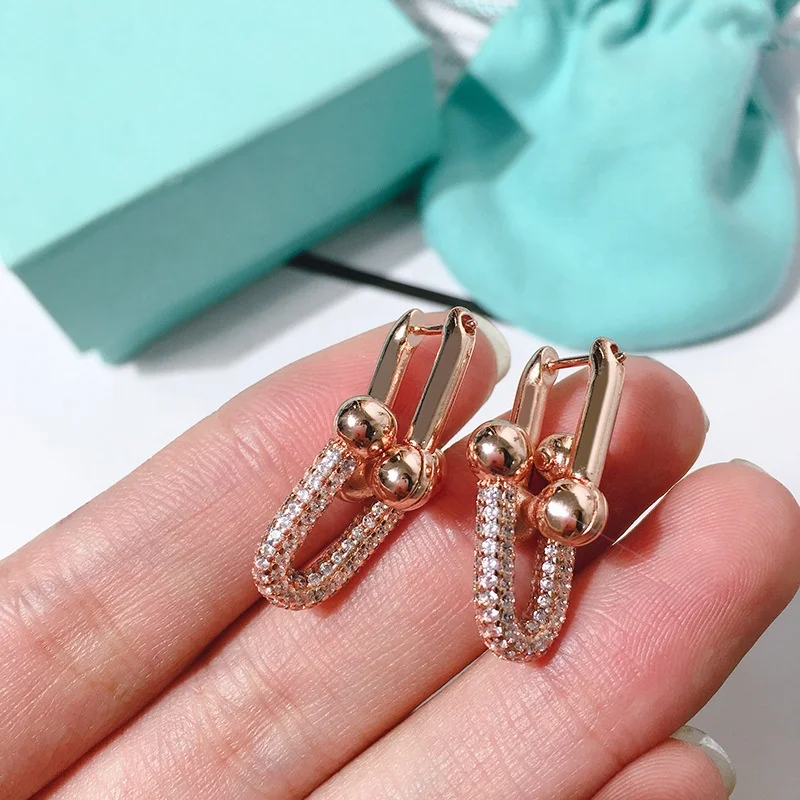 U Shaped Horseshoe Buckle Geometric Diamond Women CZ Stone Hoop 18k Gold Plated Zircon Earrings