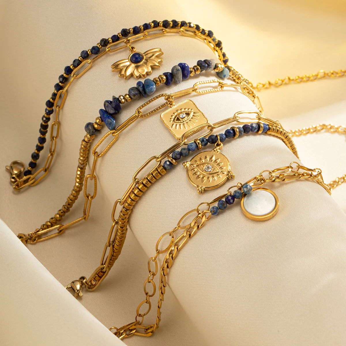 Bohemian style titanium steel double Layer natural stone beaded   fashion jewelry link bracelets for women