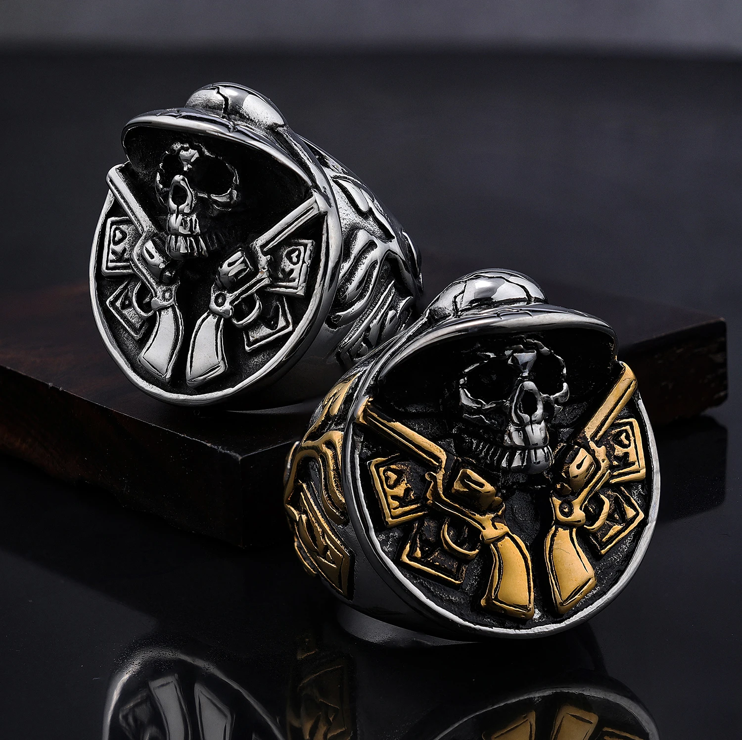 big heavy stainless steel skull ring huge fashion double guns pistol soldier skull spade Ace King Black Jack poker rings for men