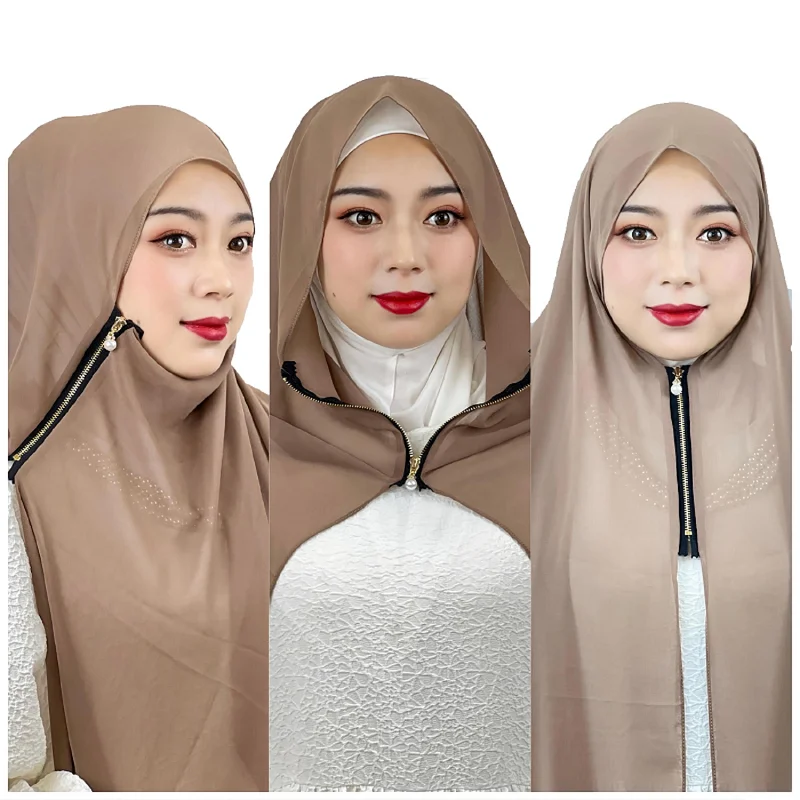 ZANDY OEM Hijabs De шифоновый замок на молнии с бисером мгновенный шифон хиджаб