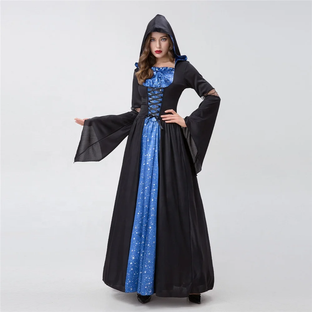 New Women Spring Autumn Halloween Girls Cosplay Witch Nightclub Queen Long Dress Party Game Costumes Dresses With Ha