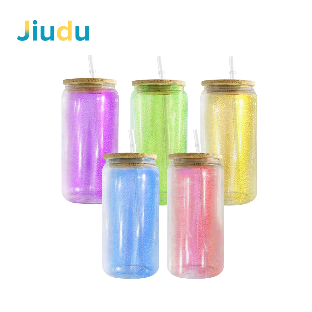 USA Warehouse 20oz Iridescent Sublimation Glass Can Frosted Sublimation Beer Glass Blanks Tumbler with Bamboo Lids Water Bottle