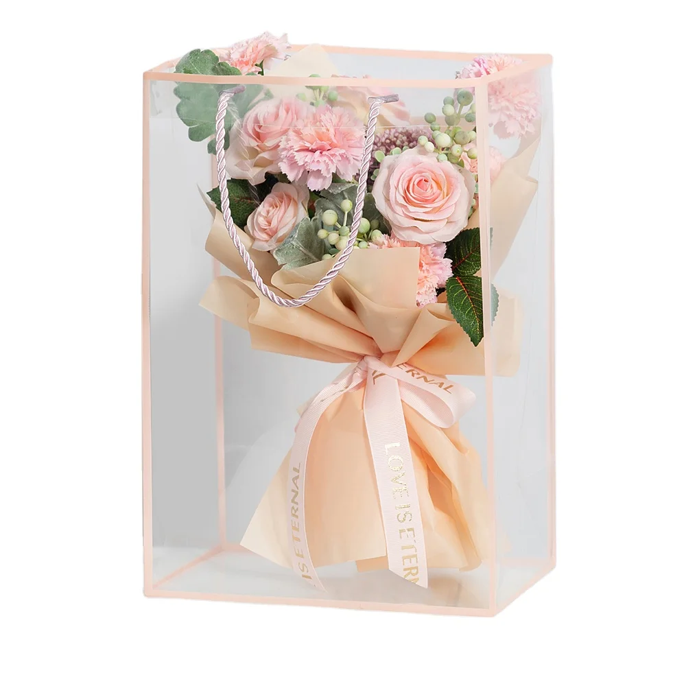 INUNION Wholesale Customized Flower Carry Bag Transparent Handbags Florist Decoration PVC Cute Flower Bouquet Packaging Bags
