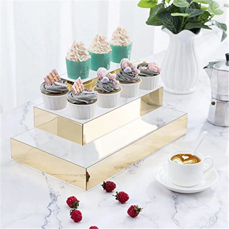 3-Tier Clear & Gold Mirror Acrylic Tabletop Retail Display Riser for Wholesale