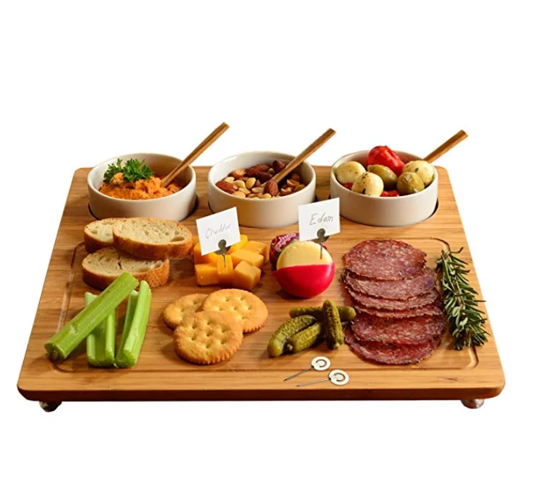 Engraved Bamboo Cheese Board Wood Cutting Board for Cheese & Charcuterie Platter includes Knives Ceramic bowl Cheese Markers